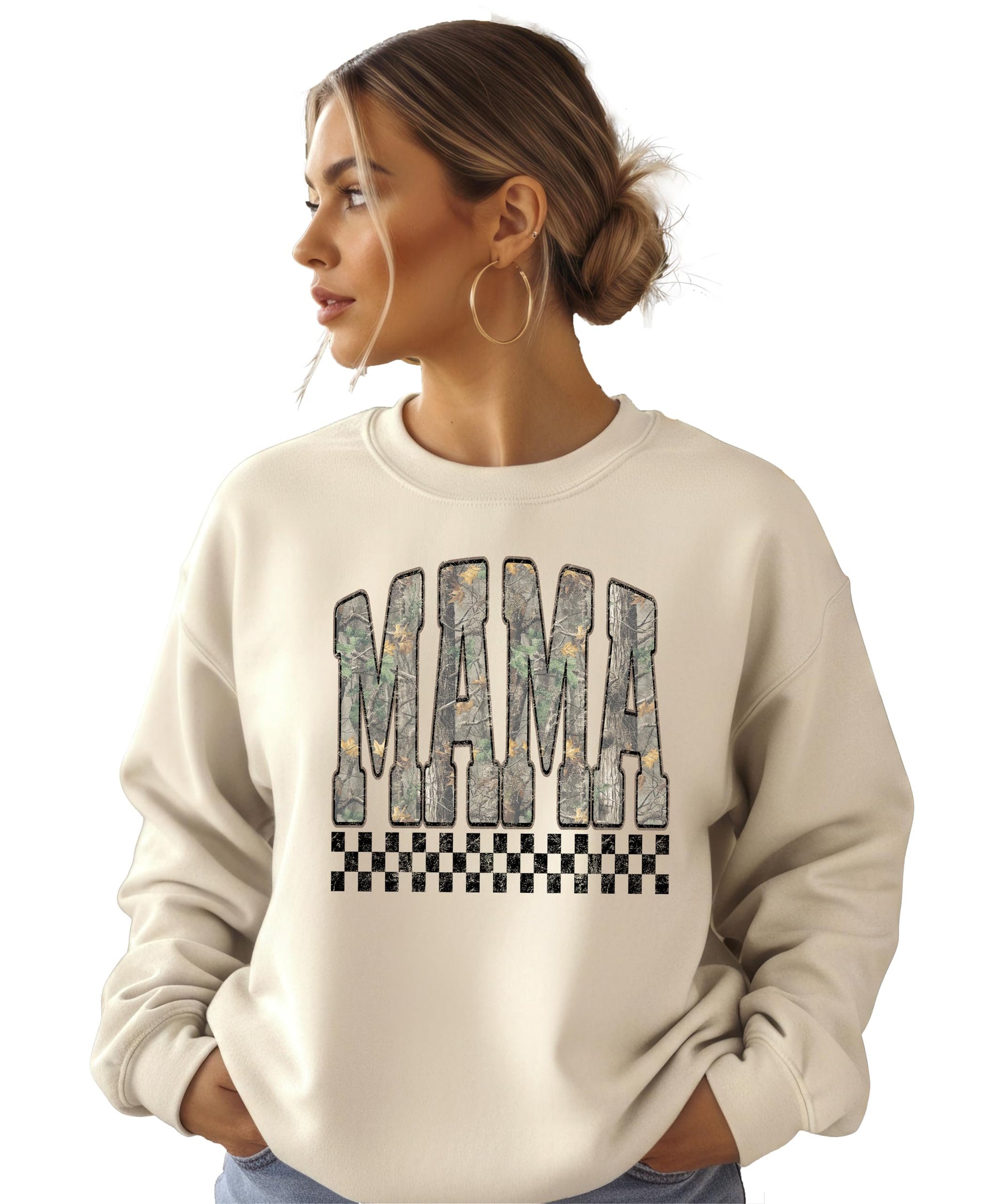 Lifestyle shot of woman wearing Mama Camo distressed crewneck sweatshirt
