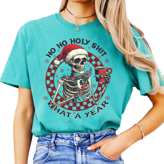 Funny Christmas skeleton tee with 'Ho Ho Holy Sh*t What a Year' graphic, unisex holiday shirt in seafoam