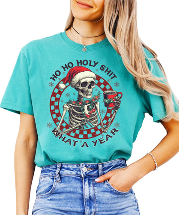 Funny Christmas skeleton tee with 'Ho Ho Holy Sh*t What a Year' graphic, unisex holiday shirt in seafoam