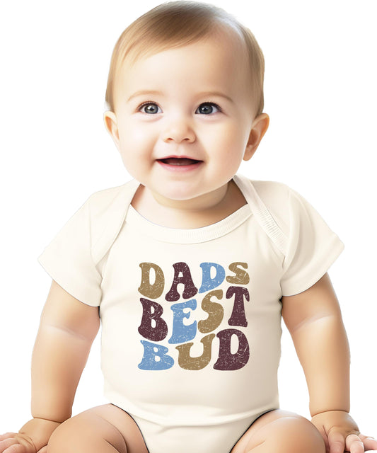 Close-up of vintage-style lettering on Dad's Best Bud natural baby onesie