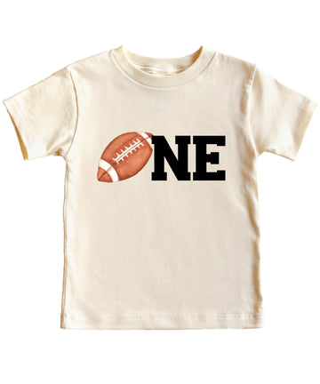 Close-up of football-themed first birthday graphic print on natural tee