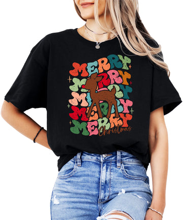 Merry Wavy Reindeer Groovy Kids and Adult Matching Christmas T-Shirts for Matching Family Fun Outfits