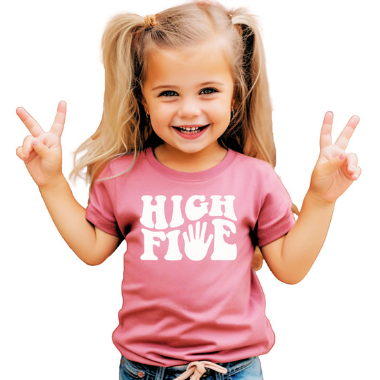 Youth boys and girls purple groovy birthday shirt with High Five graphic detail