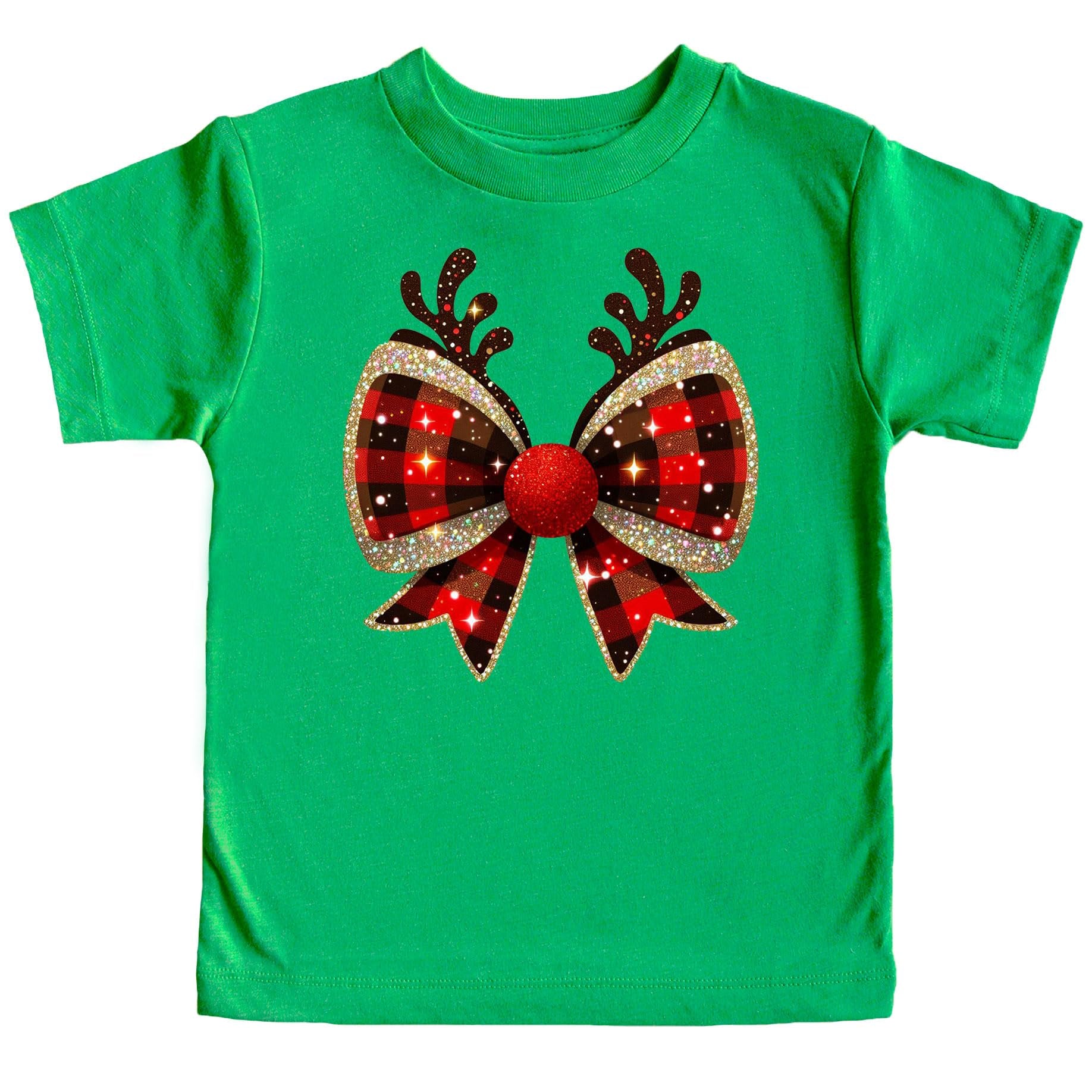 Front view of red and black check Christmas bow shirt with reindeer antlers on a vintage-style green tee