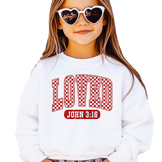 Gray sweatshirt with bold red checkered Loved John 3:16 Valentine's Day graphic for women and girls