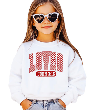 Gray sweatshirt with bold red checkered Loved John 3:16 Valentine's Day graphic for women and girls