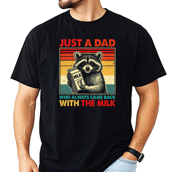 Men's black humor graphic t-shirt with raccoon dad joke design on front chest