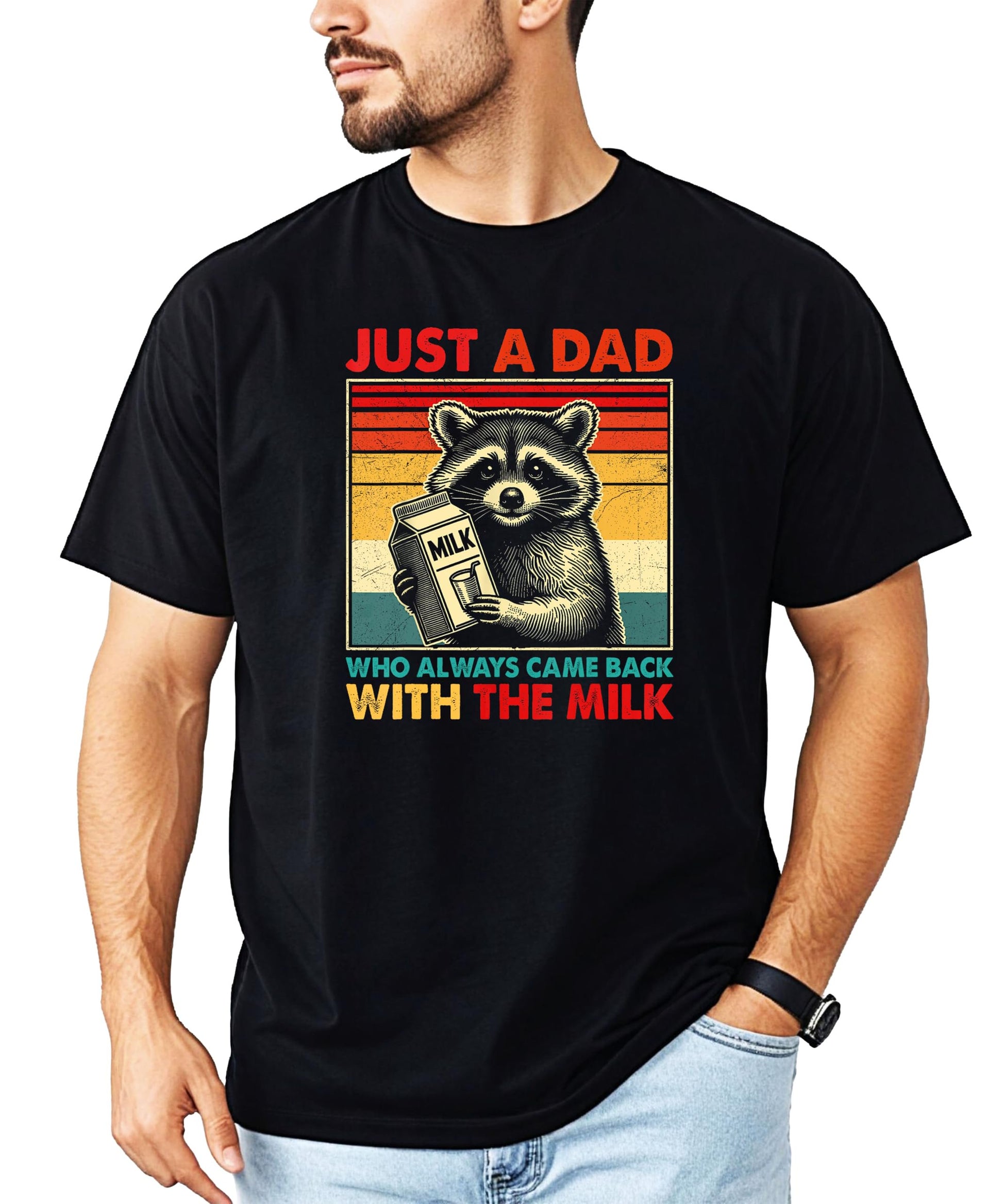 Men's black humor graphic t-shirt with raccoon dad joke design on front chest