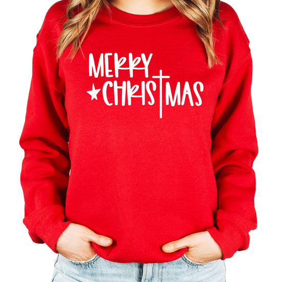 Front view of red religious Christmas sweatshirt with bold cross and holiday lettering