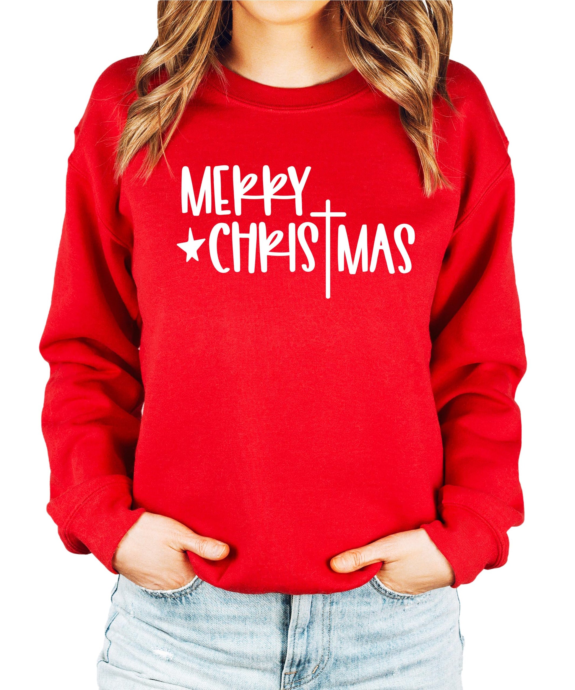 Front view of red religious Christmas sweatshirt with bold cross and holiday lettering