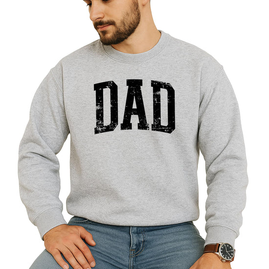 Side angle of men's gray DAD graphic crewneck sweatshirt with vintage distressed print