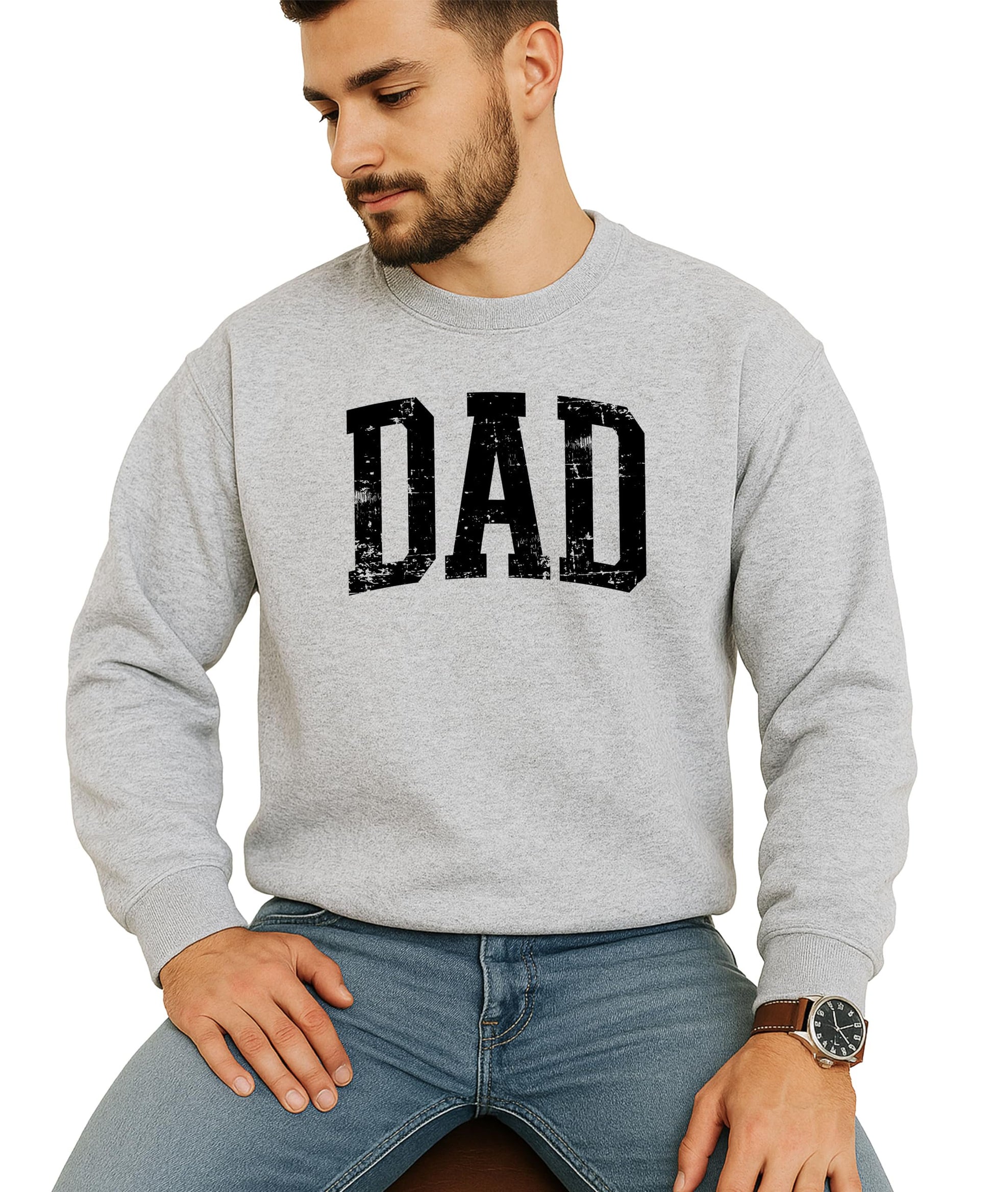 Side angle of men's gray DAD graphic crewneck sweatshirt with vintage distressed print