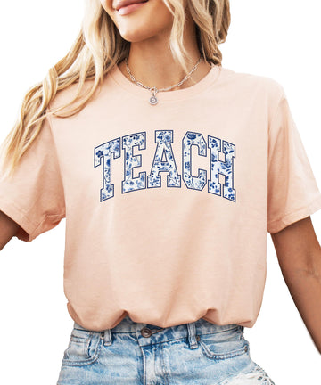 Floral Teach Shirt for Women Blue Flower Tee for Early Education Teacher