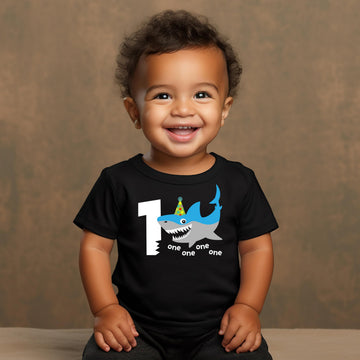 Detail shot of shark birthday shirt graphic and text design