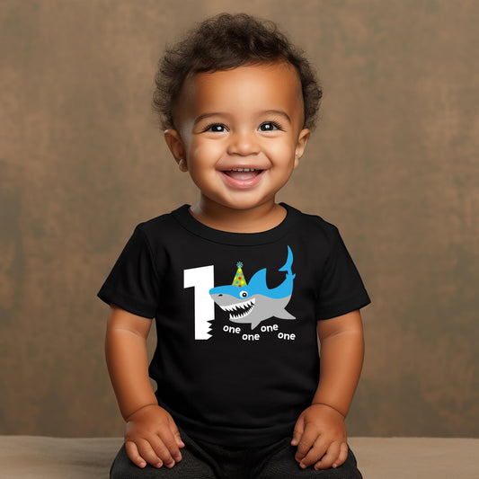Detail shot of shark birthday shirt graphic and text design