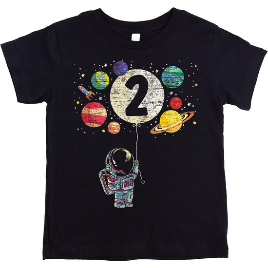 2nd birthday space theme shirt laid flat showing moon balloon and planets print