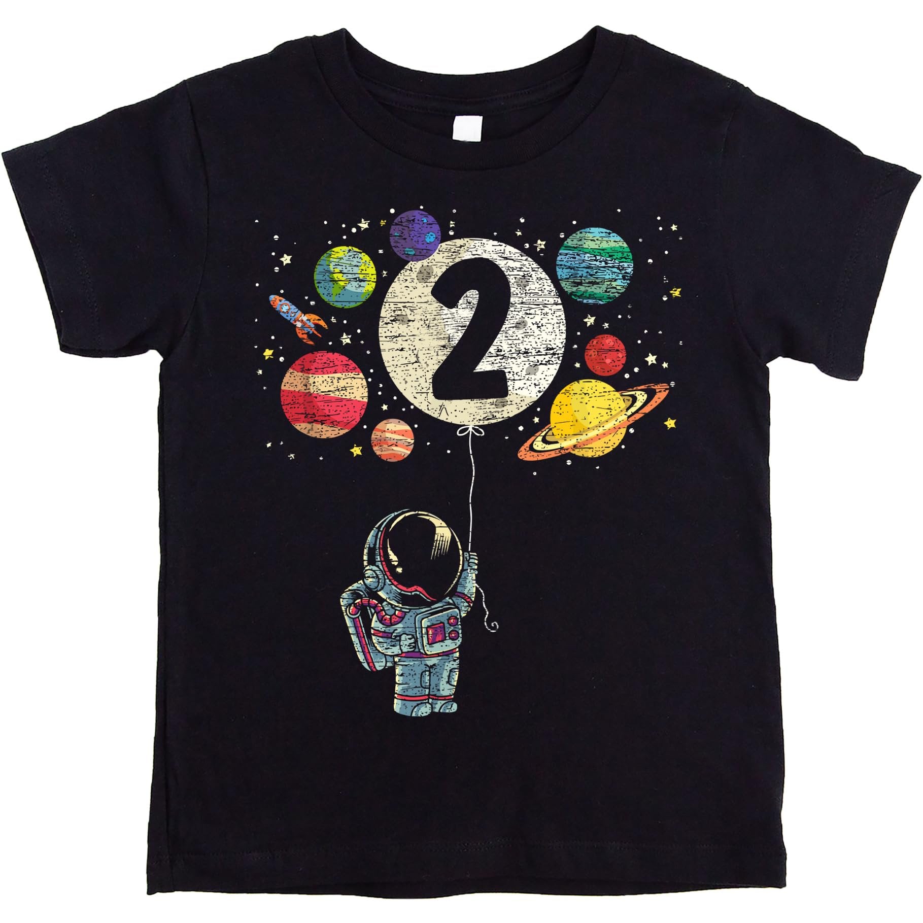 2nd birthday space theme shirt laid flat showing moon balloon and planets print