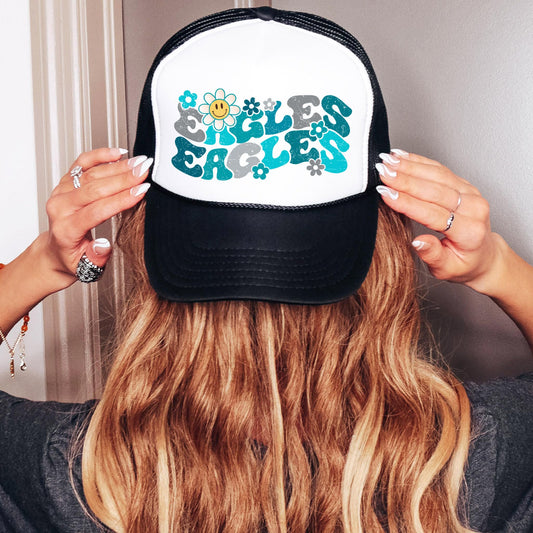 Groovy Floral Eagles Trucker Hat for Women and Teens Cute Girly Sports Fan Snapback