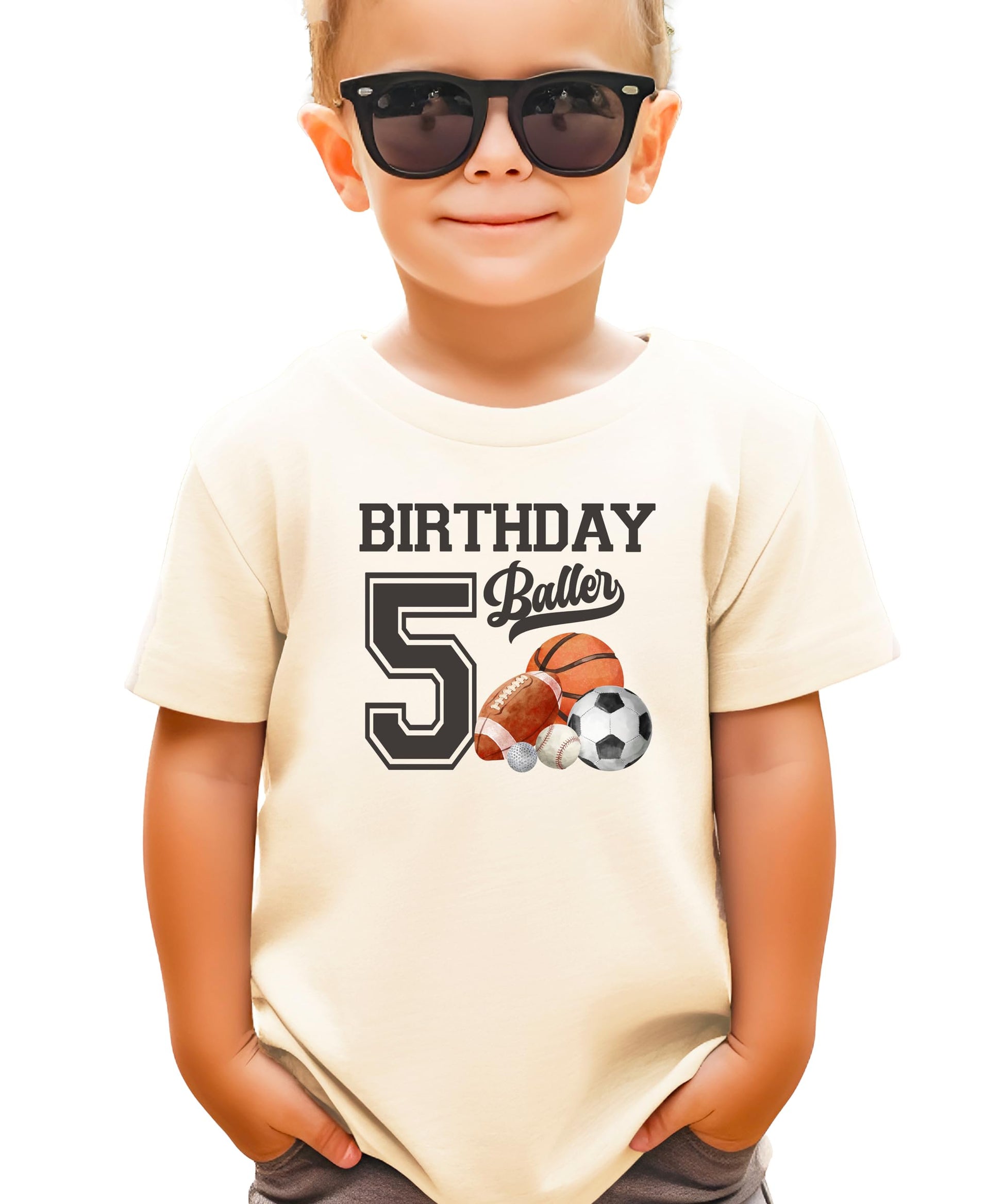 Black kids tee with Birthday Baller 5th birthday sports graphic for boys