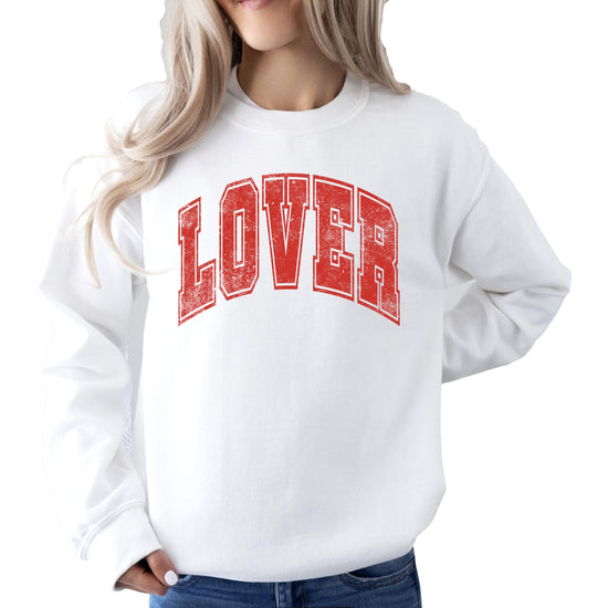 White sweatshirt with red distressed varsity letters spelling Lover for Valentine's Day