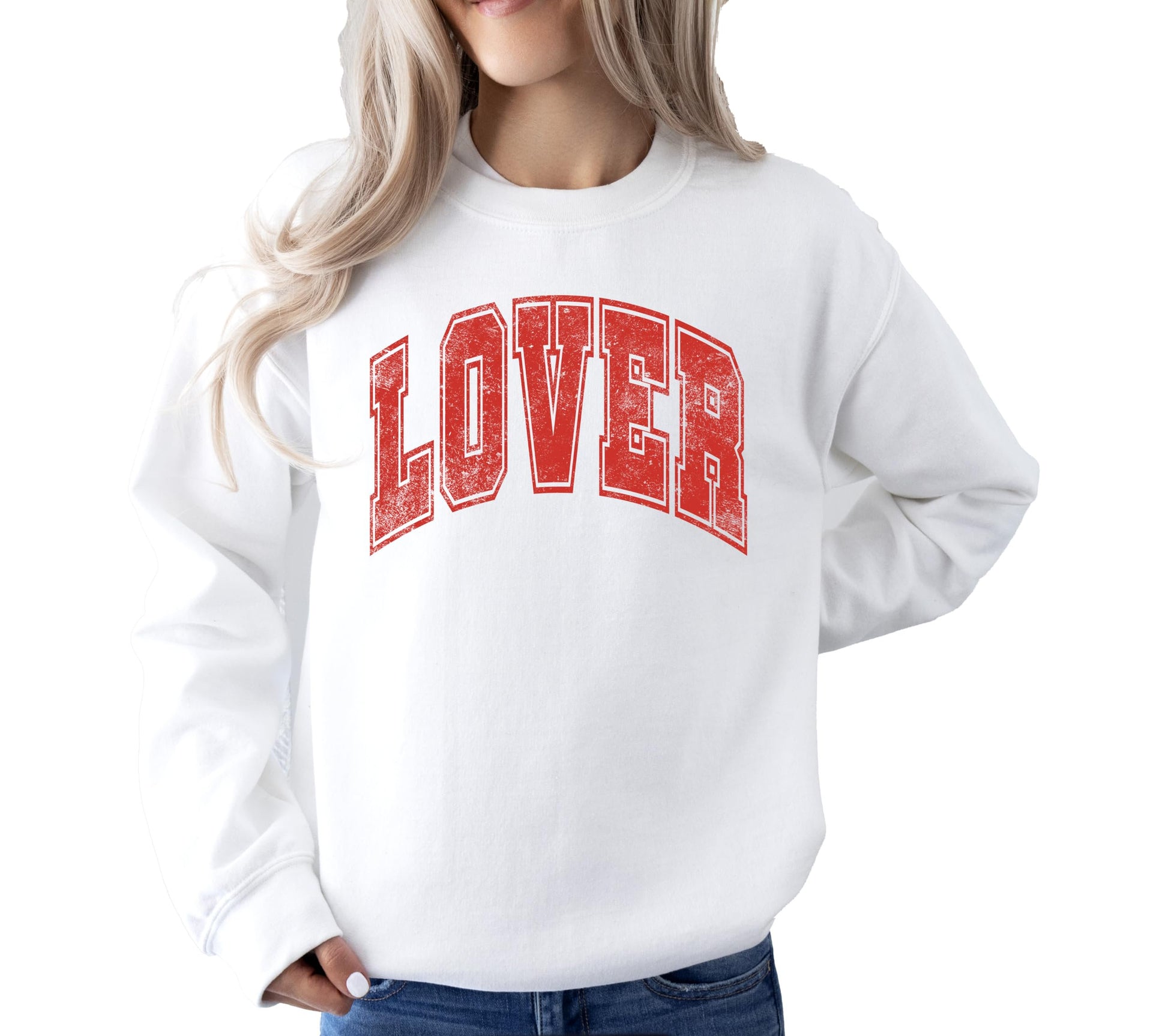 White sweatshirt with red distressed varsity letters spelling Lover for Valentine's Day