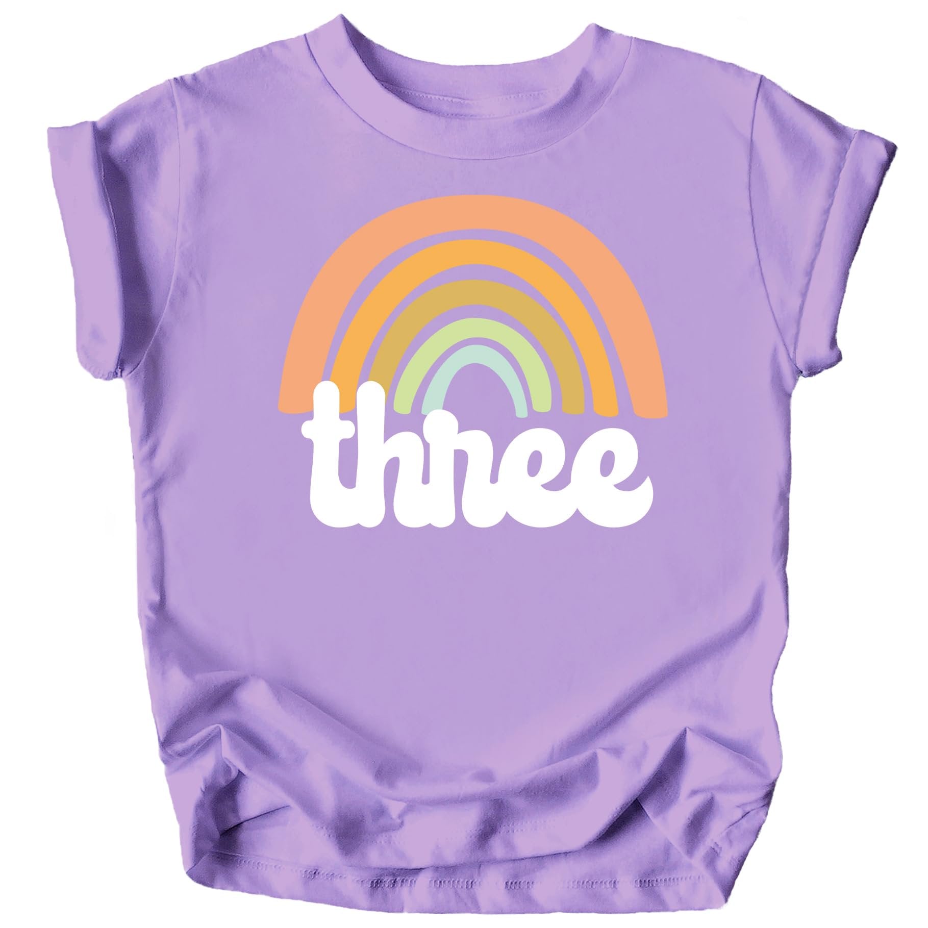Toddler girl wearing a retro rainbow third birthday shirt in purple with bold graphic print