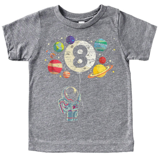 Kids 8th birthday astronaut rocket graphic t-shirt with moon balloon and planets design