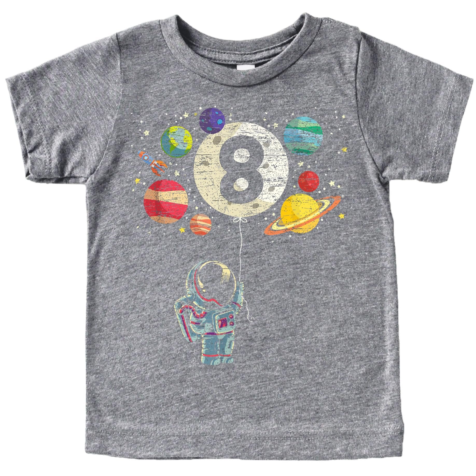 Kids 8th birthday astronaut rocket graphic t-shirt with moon balloon and planets design