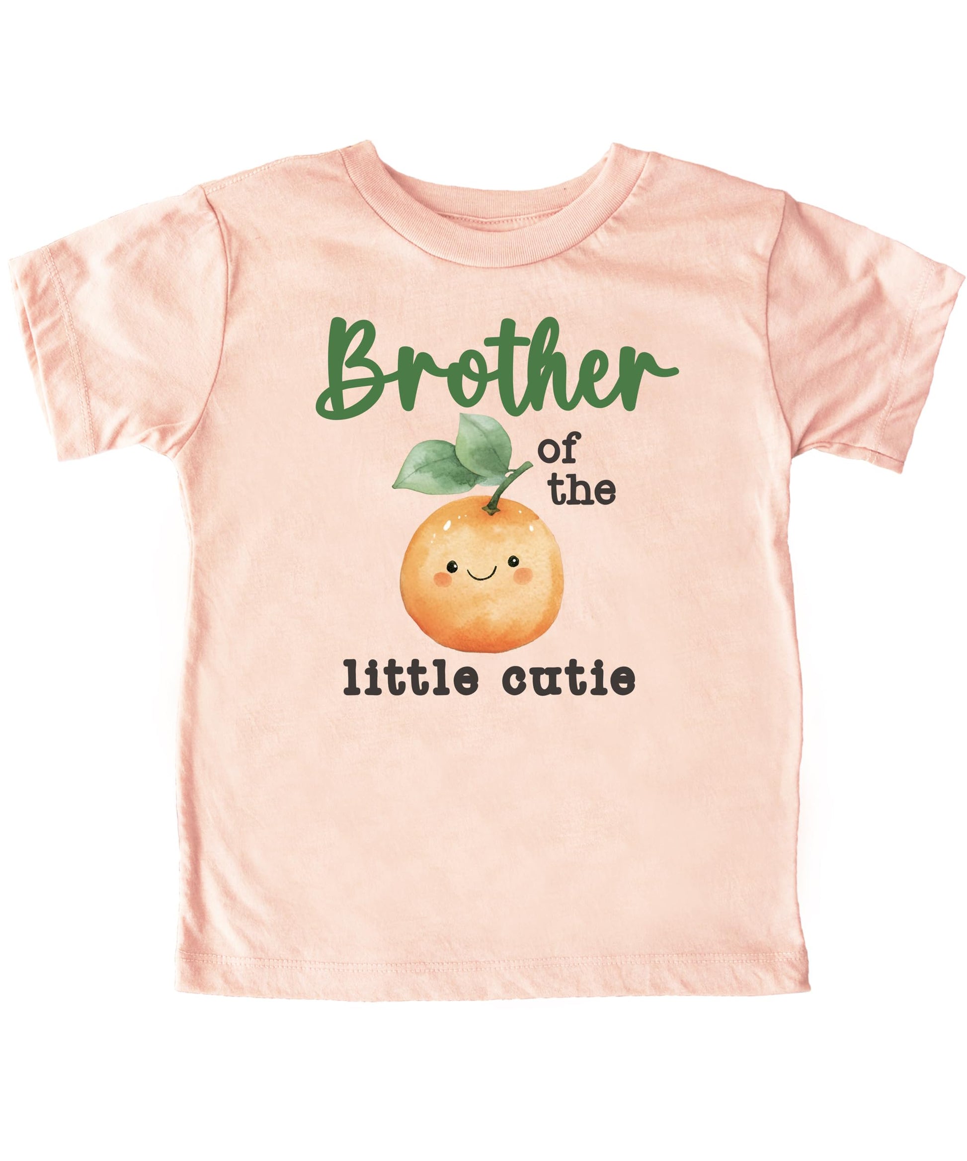 Matching family birthday shirts with One Little Cutie orange citrus theme, group flat lay