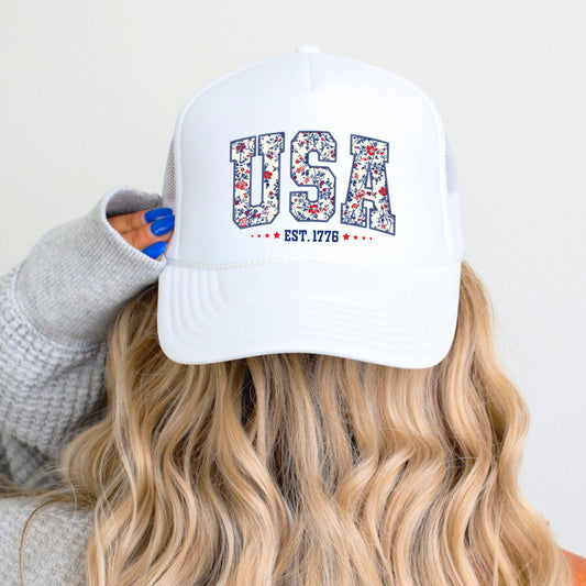 USA 1776 Faux Embroidery Floral Trucker Hat for Women Foam Front Classic 5 Panel Foam Front Trucker
