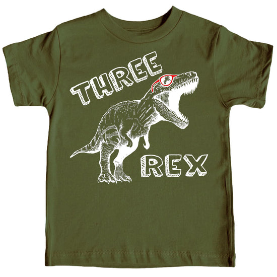 Back view of Three Rex dinosaur birthday shirt showing fit and style