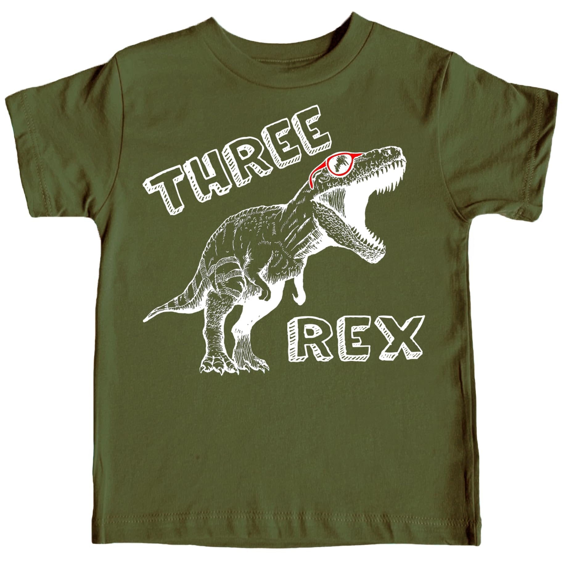 Back view of Three Rex dinosaur birthday shirt showing fit and style