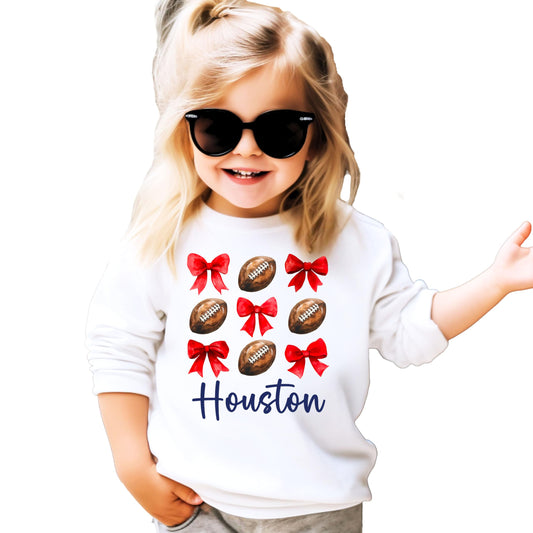 Olive Loves Apple Houston Football Sweatshirt Red Bows and Footballs Texas Game Day Pullover