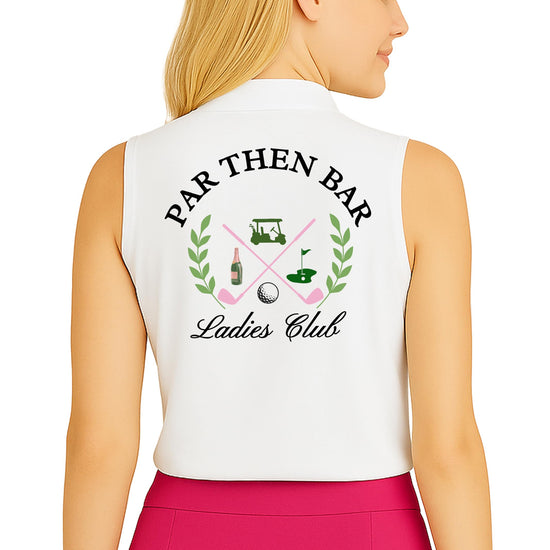 Side view of woman in Par Then Bar golf polo demonstrating comfort