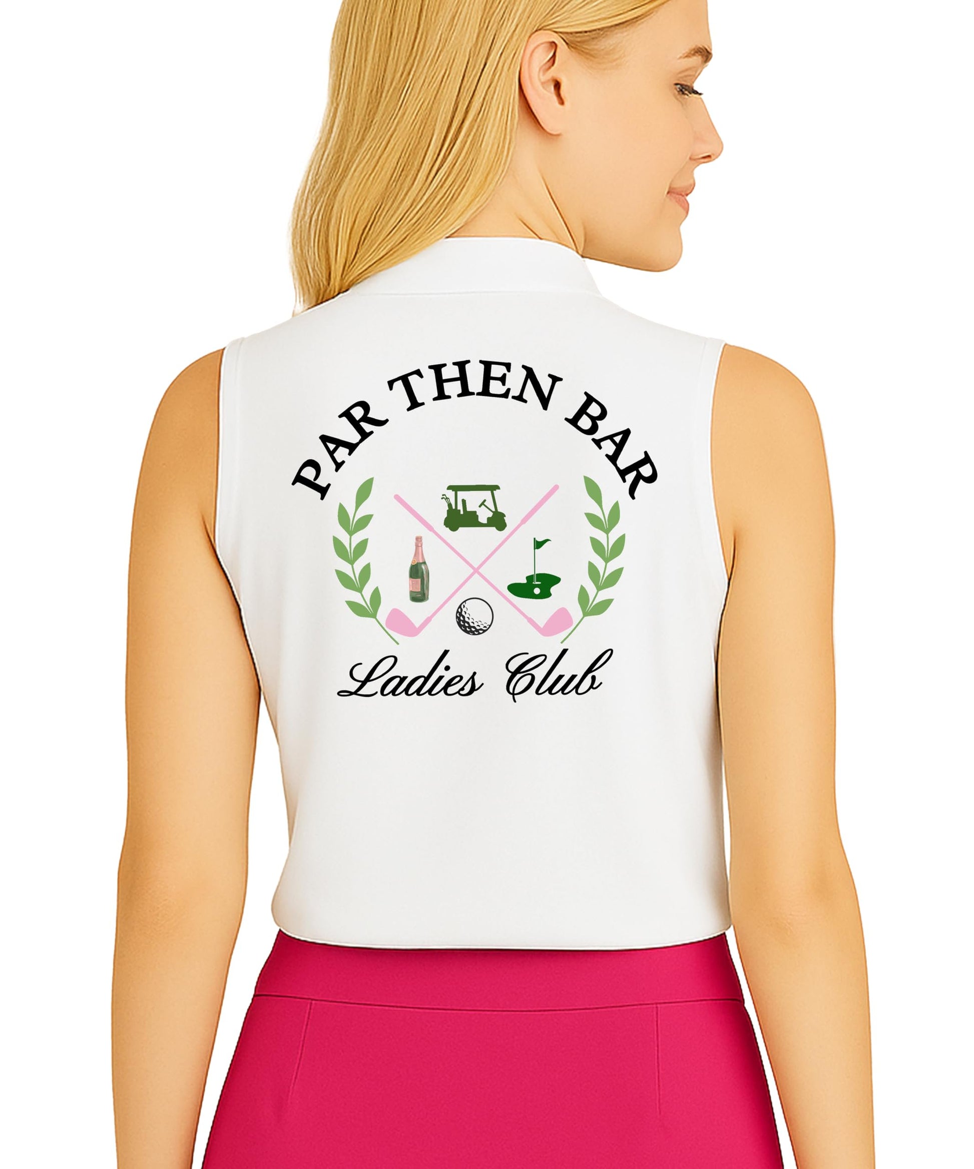 Side view of woman in Par Then Bar golf polo demonstrating comfort