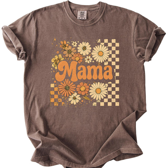 Women wearing trendy mama fall shirt with sunflower and checkered pattern design