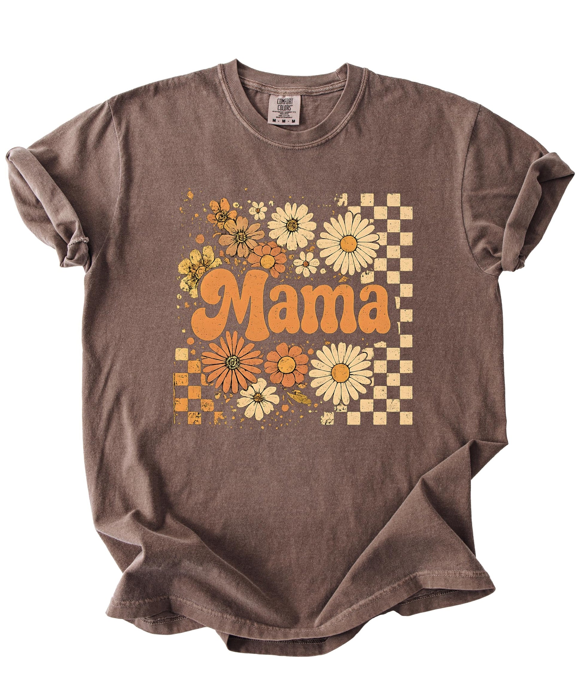 Women wearing trendy mama fall shirt with sunflower and checkered pattern design