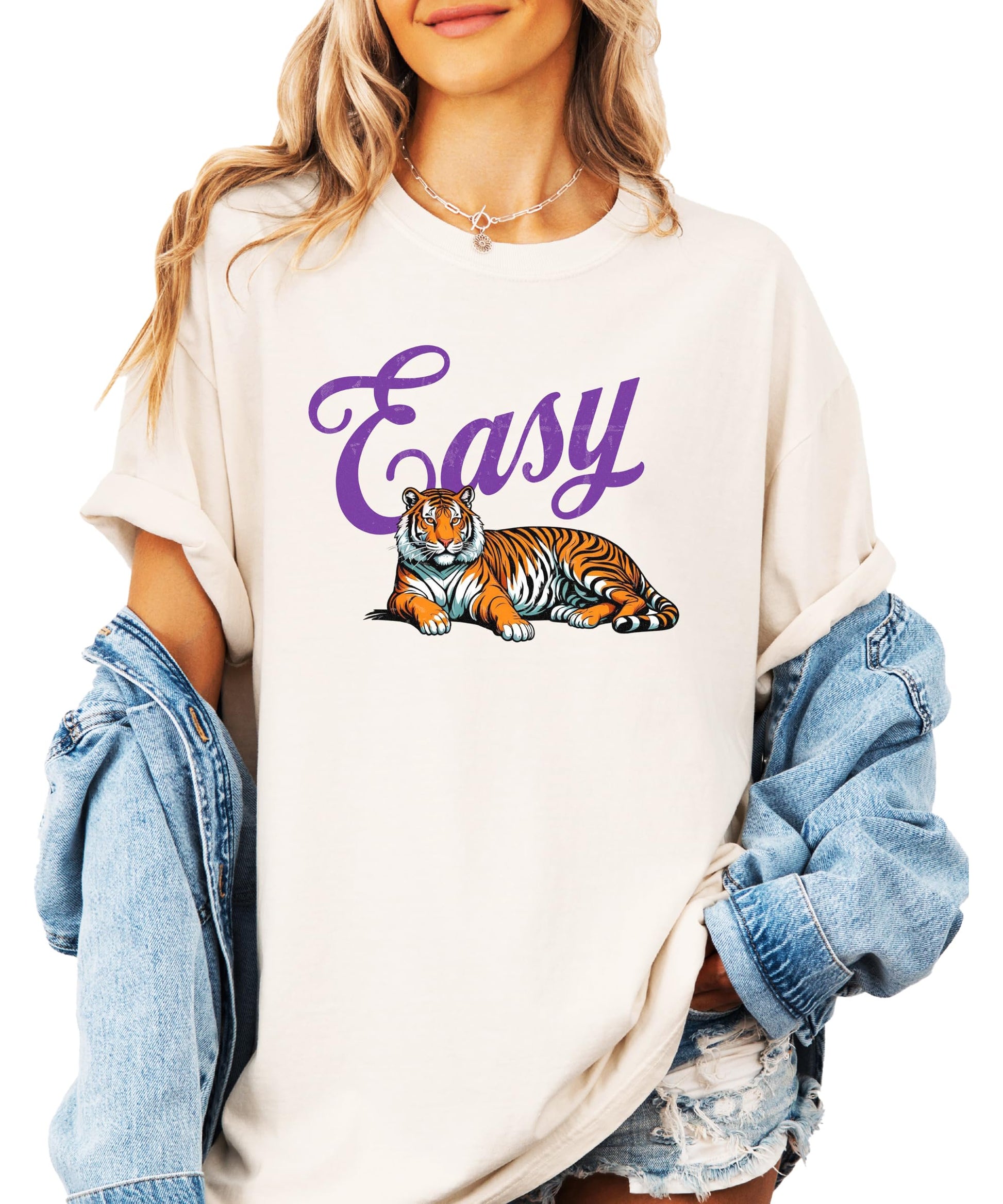 Easy Tiger funny women's t-shirt styled casually, showcasing full front graphic on ivory tee