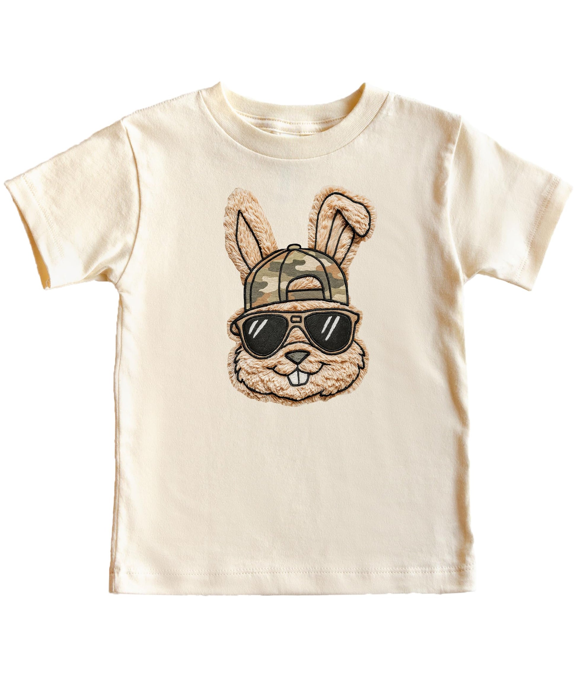 Full view of men's natural Easter bunny camo hat shirt for spring family matching