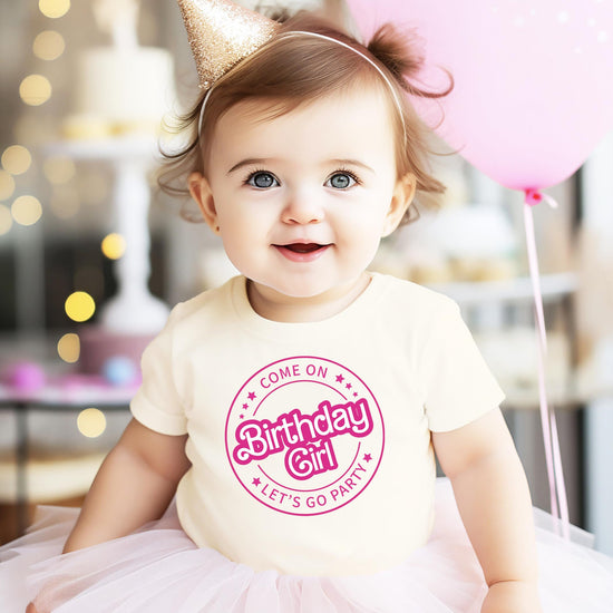 Detail shot of birthday girl retro graphic tee print quality on youth shirt
