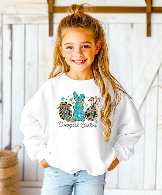 Detail shot of professional print quality on white cowgirl Easter pullover sweatshirt