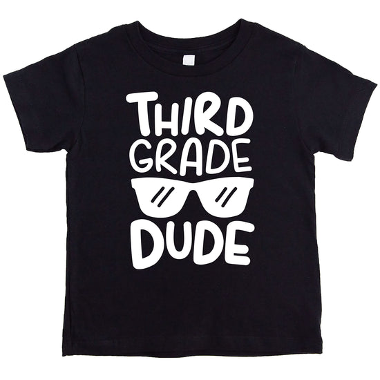 Boys 3rd Grade Dude back to school graphic t-shirt with sunglasses design on dark fabric