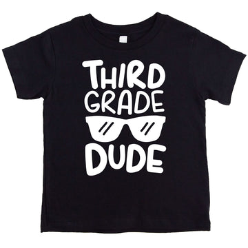 Boys 3rd Grade Dude back to school graphic t-shirt with sunglasses design on dark fabric