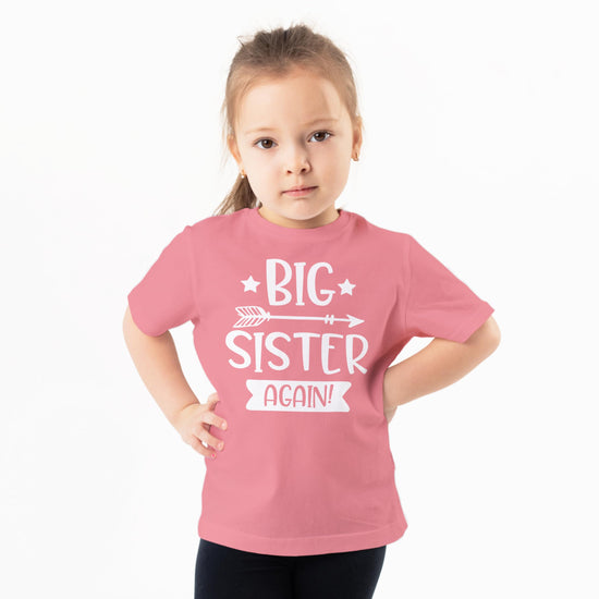 Big Sister Again sibling reveal shirt in mauve laid flat showing full graphic design