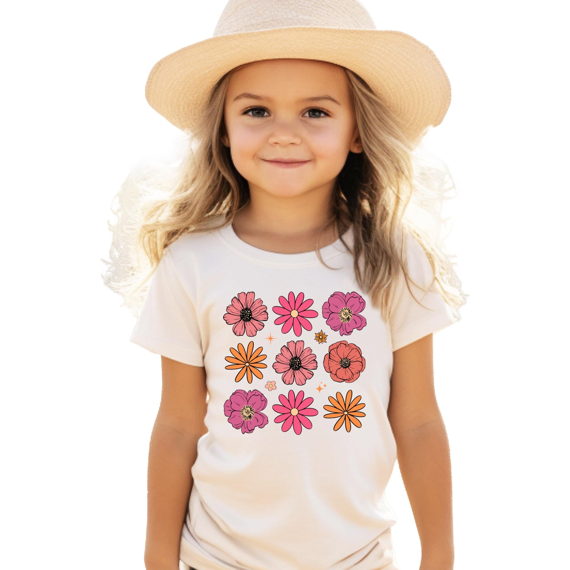 Girls colorful flower shirt laid flat showing full graphic print detail