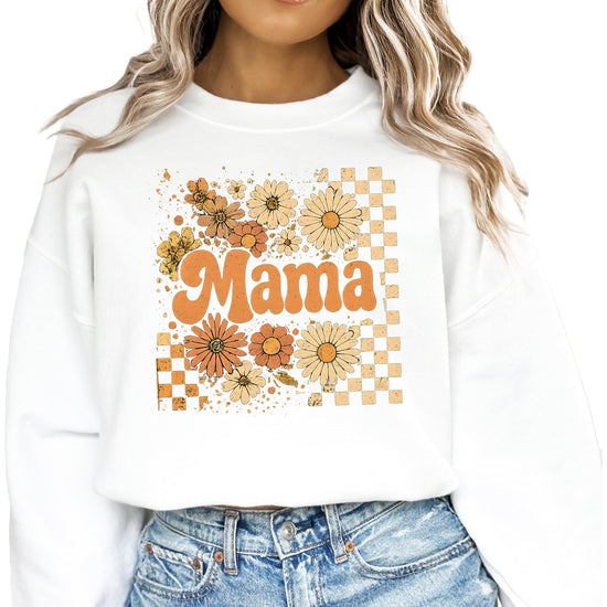 Close-up of checkered daisy mama graphic print on black fall sweatshirt