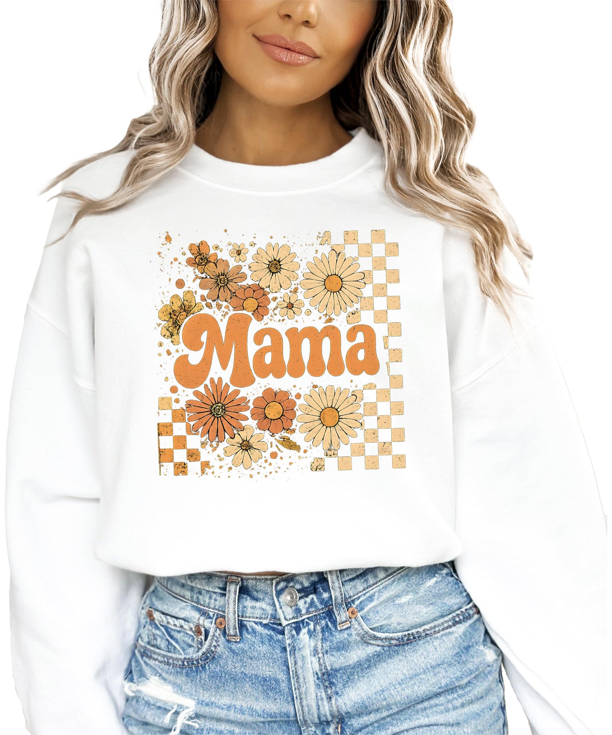 Close-up of checkered daisy mama graphic print on black fall sweatshirt