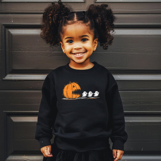 Flat lay of Olive Loves Apple pumpkin ghost Halloween sweatshirt showing full print detail