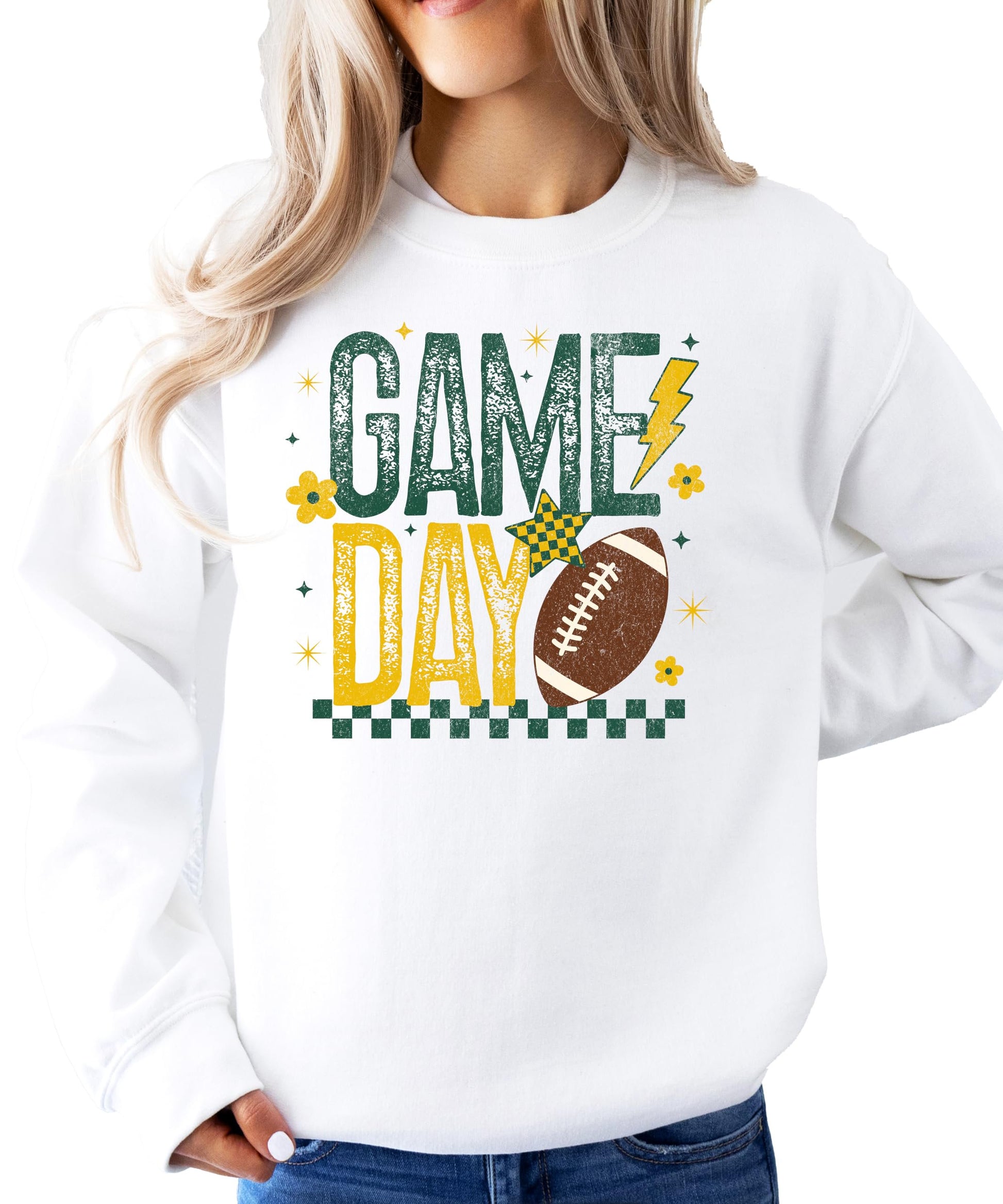 Model wearing green yellow football graphic sweatshirt casual styling