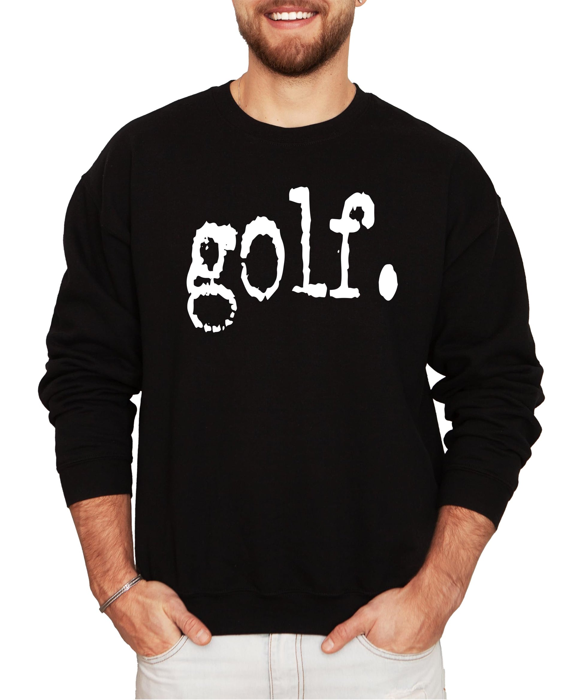 Front view of gray golf distressed type sweatshirt with vintage-style golf graphic